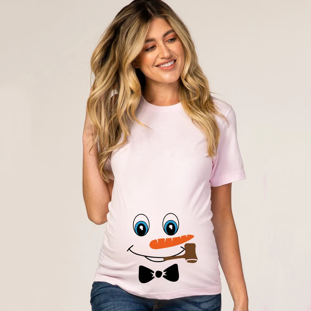 Christmas Pregnant Women T-shirt Snowman Cartoon Printed Pregnancy Announcement Clothes Maternity White Short Sleeve Top