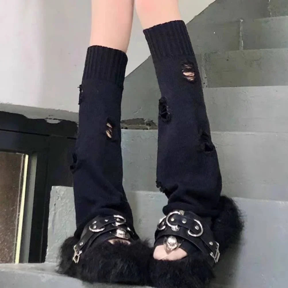 Y2K Punk Knitted Leg Warmers - Star Gothic Cross Harajuku Women Heart Two-Side Wear Loose Fit Leg Covers | JK Thigh High Lolita Socks