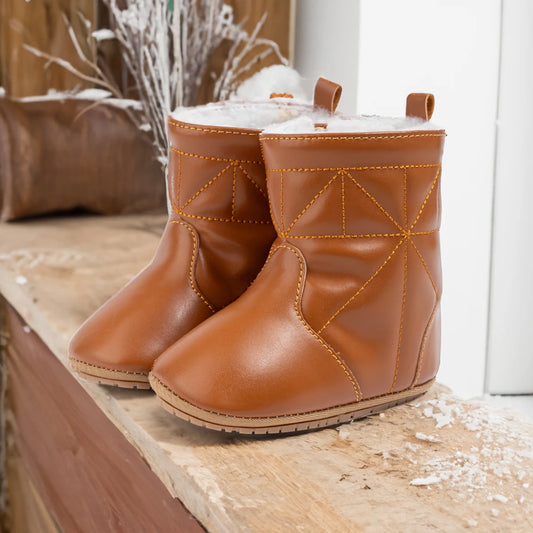 KIDSUN Warm Faux Leather Baby Boots, Fur Lining PU Outsole Boots, Winter Baby Shoes, Infant Indoor Outdoor Walking Shoes