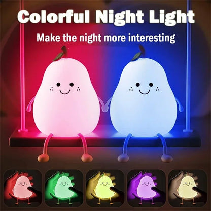Cute Smile Pear Night Light Portable Touch Sensor USB Silicone Baby Sleep Dimmable Bedside Lamp