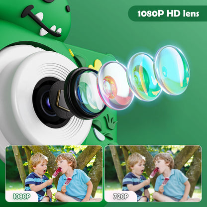 Kids Digital Camera with 32GB Card, 1080P HD Screen, Outdoor Cartoon Dinosaur Design, Photo and Video Toy, Birthday Gift