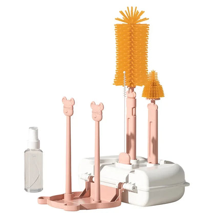 6-in-1 Bottle Cleaning Brush Set with Drying Rack, Silicone Bottle Brush, Straw Brush, Nipple Brush, Soap Dispenser & Storage Box