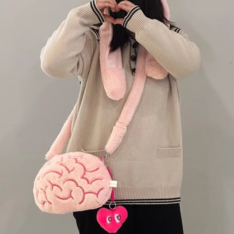 Pink Brain Plush Backpack – Human Organ Stuffed Plushie Toy and Creative Fashion Purse Gift