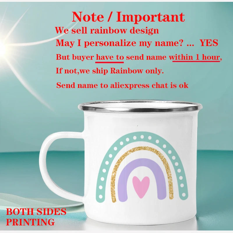 Personalized Rainbow Enamel Mug – Custom Name Coffee, Tea & Milk Cup, 3.14 in x 3.35 in (8 x 8.5 cm) – Kids Gift