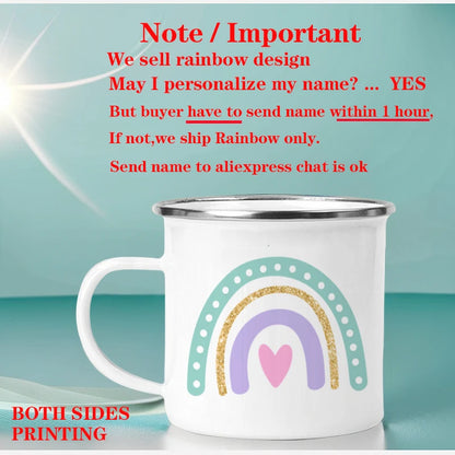Personalized Rainbow Enamel Mug – Custom Name Coffee, Tea & Milk Cup, 3.14 in x 3.35 in (8 x 8.5 cm) – Kids Gift