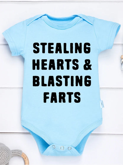 Creative Baby Onesie – "Stealing Hearts and Blasting Farts" Letter Print Funny Bodysuit – Comfy & Breathable Cotton Infant Clothes (0-24M)