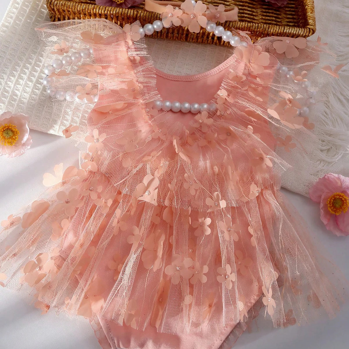 Ylsteed 2-Piece Newborn Girl Photography Outfit – Embroidered Flower Romper with Headband for Baby Photo Shoots