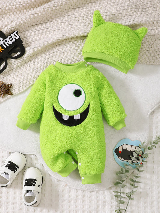 Baby Girl Winter Plush Jumpsuit – Thick Fur Romper with Cute Big Eyes Embroidery & Hat (Autumn & Winter, 0-24M)