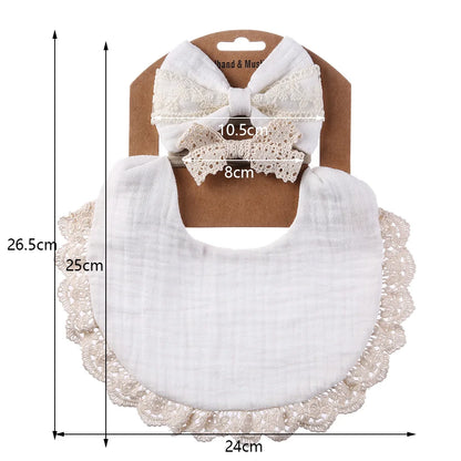 3-Piece Set – Solid Muslin Cotton Baby Bibs & Lace Headbands, Saliva Towel & Feeding Burp Cloths for Boys & Girls with Nylon Hair Bands - Kidzy Market