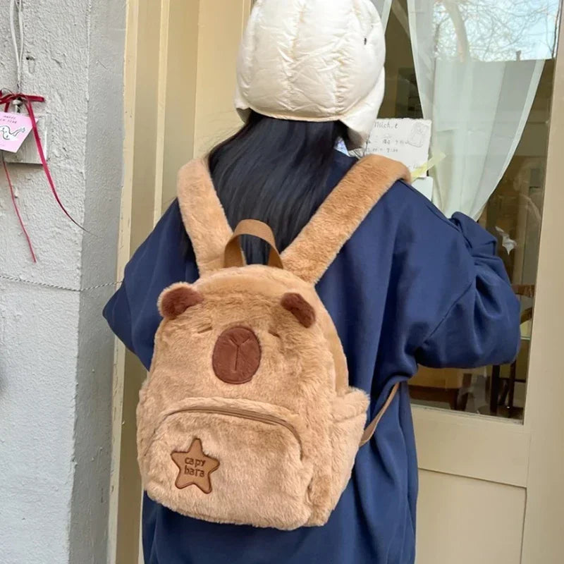 Capybara Plush School Backpack – Casual Fur Bag with Large Capacity and All-Match Design