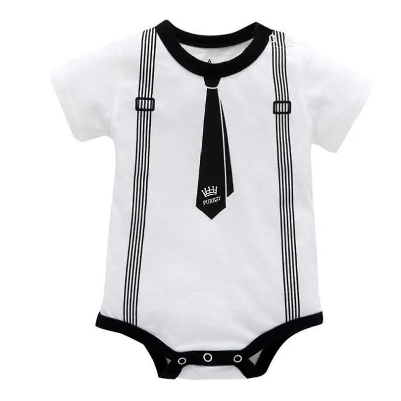 Newborn Baby Boy Summer Gentleman Romper 0-12M – Cotton Jumpsuit with Tie Print, Short Sleeve Infant Clothes