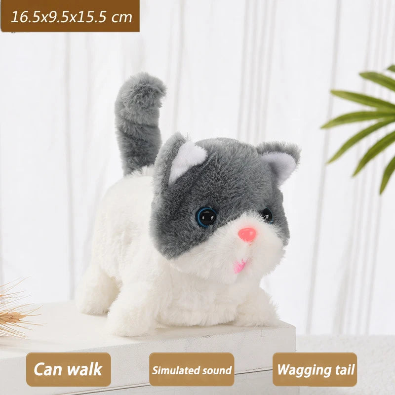 New Walking Kitty Plush Toy, Electric Interactive Meowing Cat with Wagging Tail and Nodding Head, Stuffed Animal Pet Toy Gift for Kids