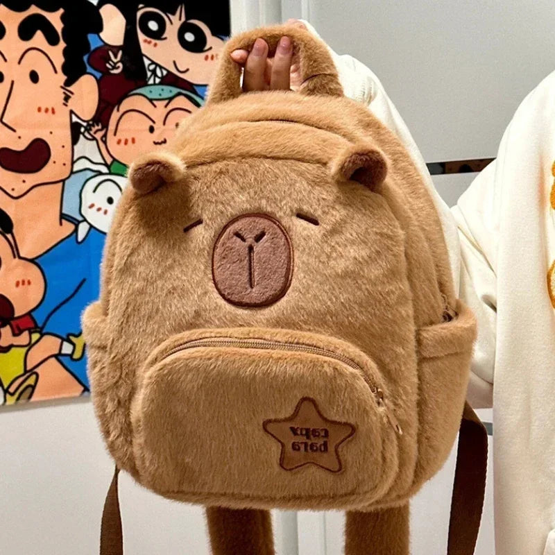 Capybara Plush School Backpack – Casual All-Match Fur Bag with Large Capacity