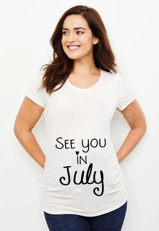 See You in May Print Pregnancy Announcement T-Shirt | Maternity Short Sleeve Tee | New Mom Shirts | Pregnancy Clothes Tops