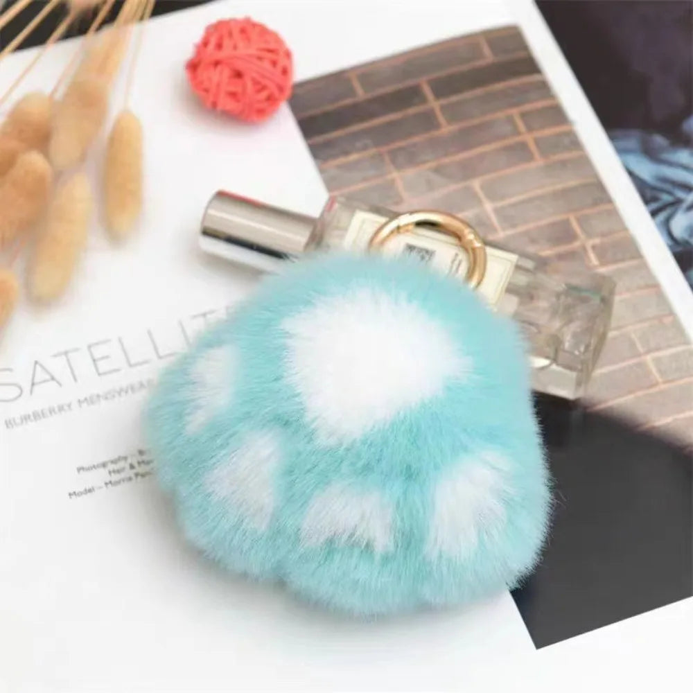 Fluffy Faux Fur Cat Paw Keychain, Plush Pendant for Backpack or Car