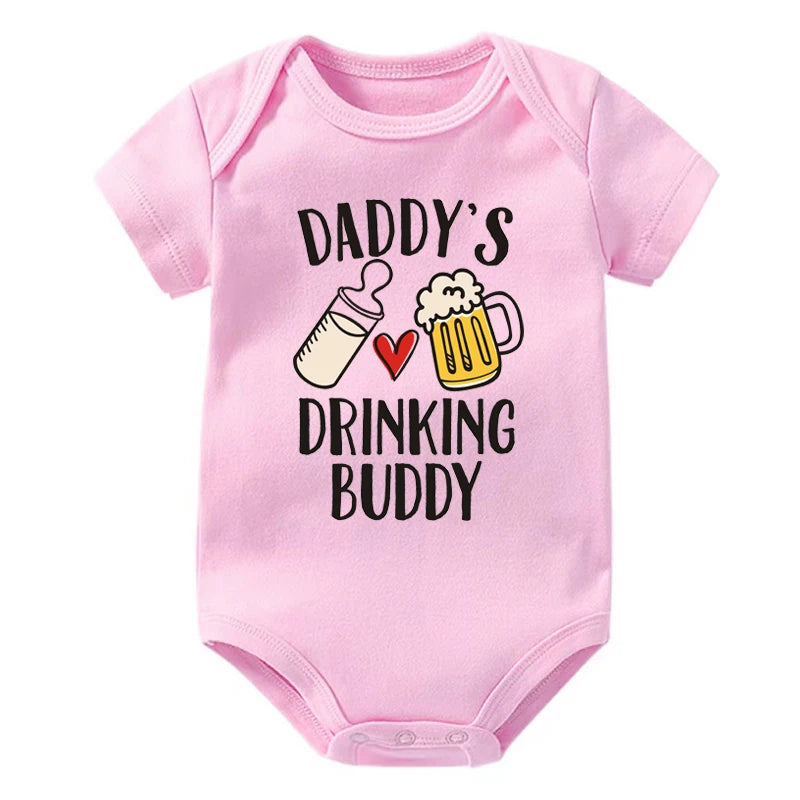 Funny "Daddy's Drinking Buddy" Newborn Baby Romper – Short Sleeve Cotton Bodysuit, Casual Summer Outfit, Perfect for Father's Day Gifts