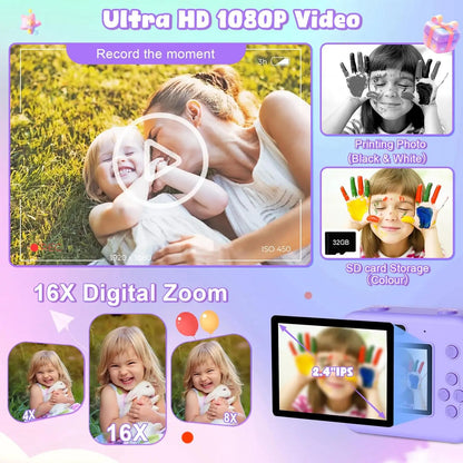 Kids Instant Print Thermal Camera with MP3 and Video Game, Toddler Toy for Ages 3-12