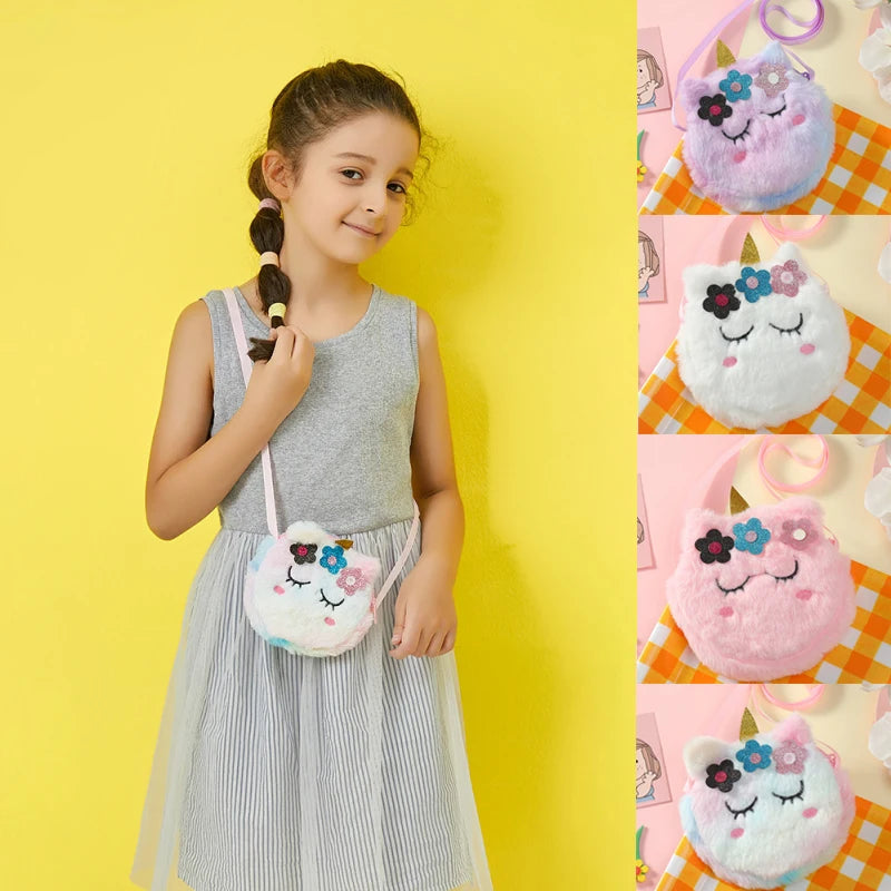 Children’s Cross-Body Bag Plush Unicorn Cartoon Coin Purse Cute Girl Flower Shoulder Bag Portable - Kidzy Market