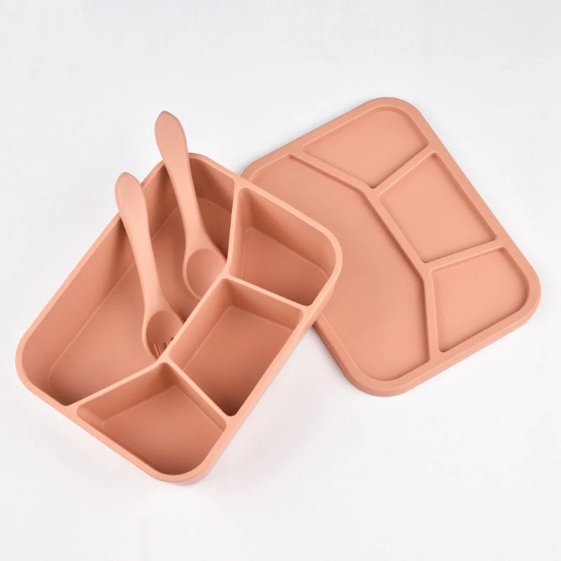 Silicone Lunch Box with Cover, Fork & Spoon – Reusable Fresh-Keeping Food Containers, Fruit Snack Bento Box, Picnic Case