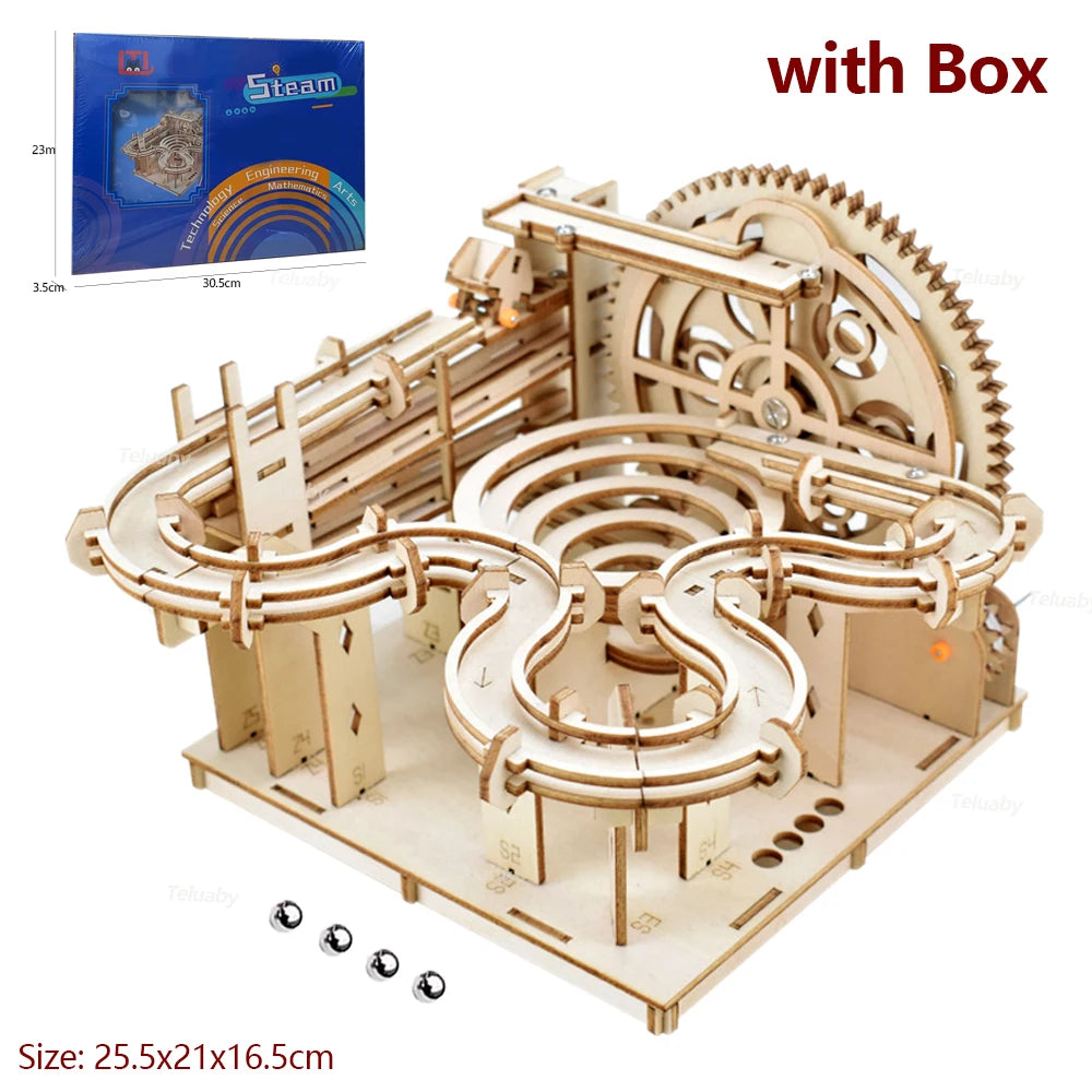 3D Wooden Puzzle DIY Mechanical Model, Manual Assembly Building Kit, Marble Run Set with 4 Balls, Toy for Adults & Kids Gifts