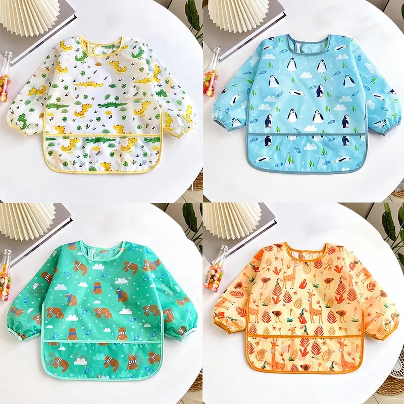 Waterproof Long-Sleeve Baby Bib – Colorful Cartoon Apron for Self-Feeding & Drawing (0-3 Years) - Kidzy Market