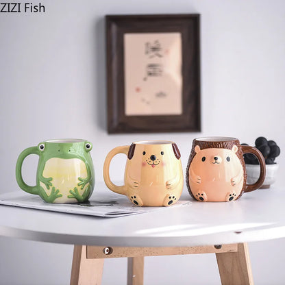 3D Ceramic Animal Mug - Frog & Hedgehog Cute Kids Breakfast Coffee Cup, 1-Piece Christmas Gift