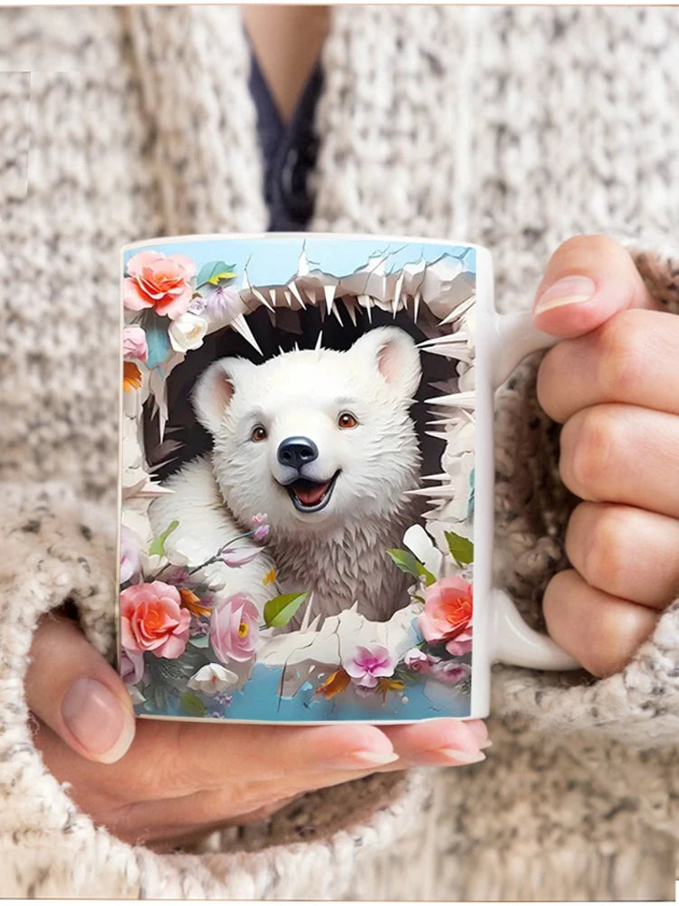 3D Animal Wrap Coffee Mug - 11 oz (350 ml) Sublimation Ceramic Kids Mug (Cat, Dog, Bear)