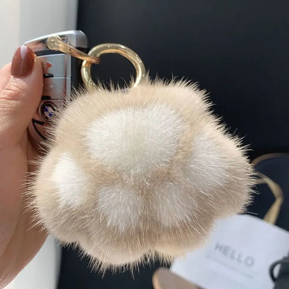 Fluffy Faux Fur Cat Paw Keychain, Plush Pendant for Backpack or Car
