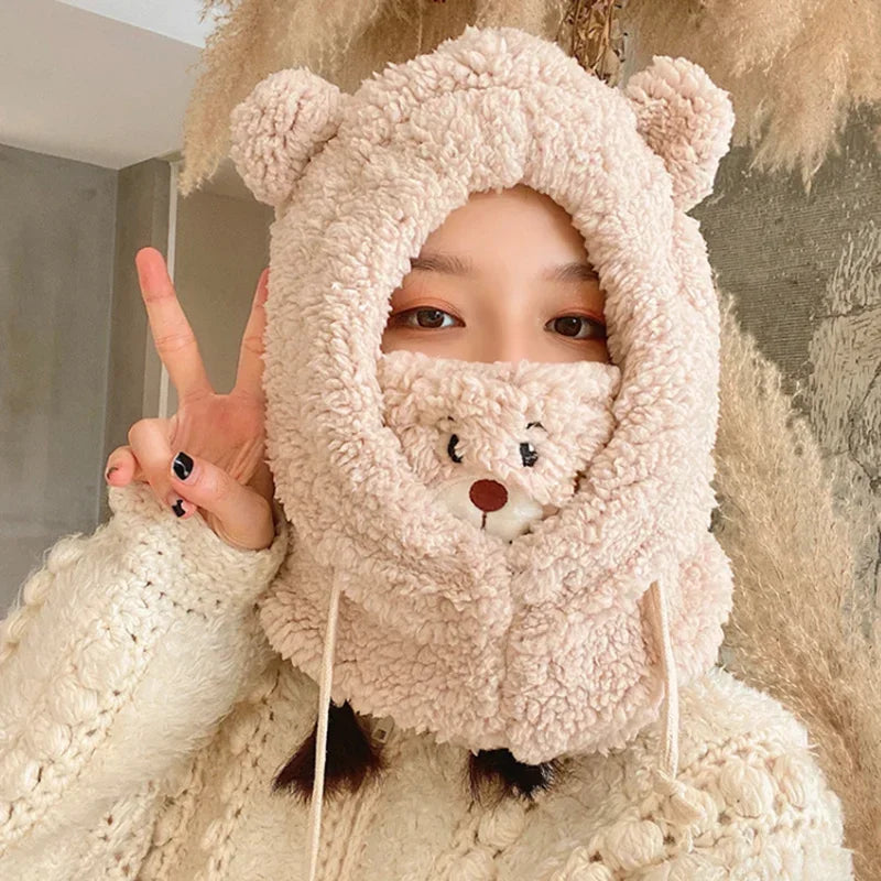 Cartoon Bear Ear Lamb Beanie with Face Mask — Thick Knit Winter Balaclava for Women & Girls