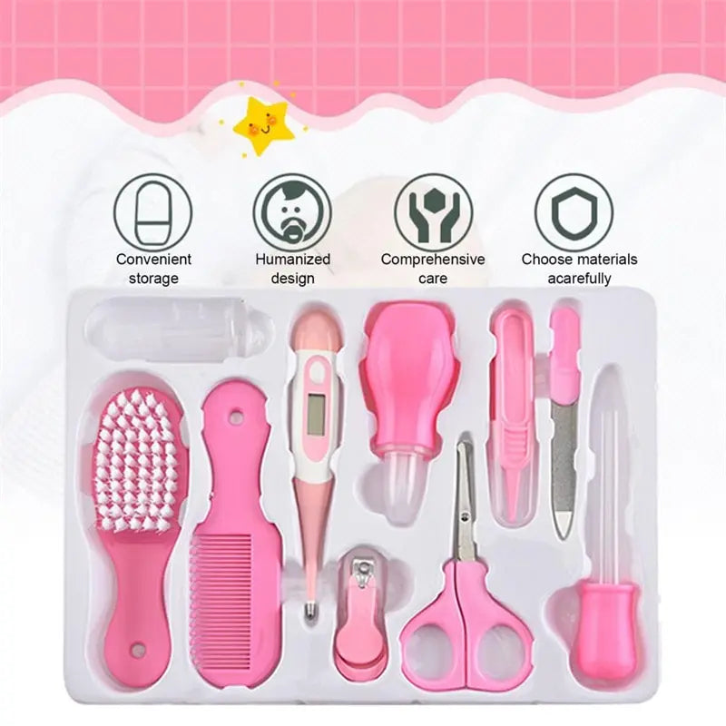 10PCS/Set Baby Health Care Kit - Kids Nail Clippers, Hair Grooming Brush, Thermometer, Teether, Toothbrush - Baby Essentials