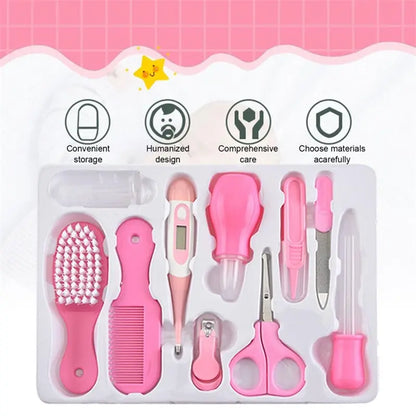 10PCS/Set Baby Health Care Kit - Kids Nail Clippers, Hair Grooming Brush, Thermometer, Teether, Toothbrush - Baby Essentials