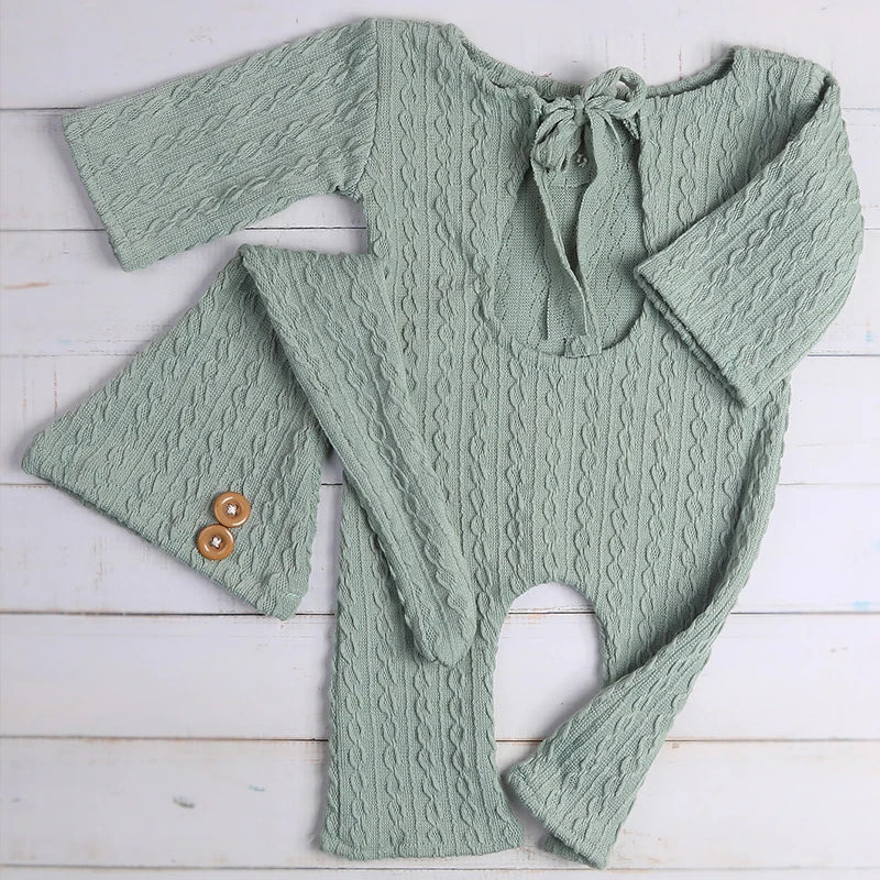 Newborn Boy Photo Props Knitted Jumpsuit and Knot Hat Set Baby Boy Photography Bodysuit with Beanie for Infants