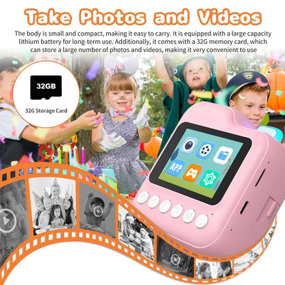 Children's Mini Instant Print Digital Camera with 32GB TF Card and Inkless Paper, Educational Video Toy