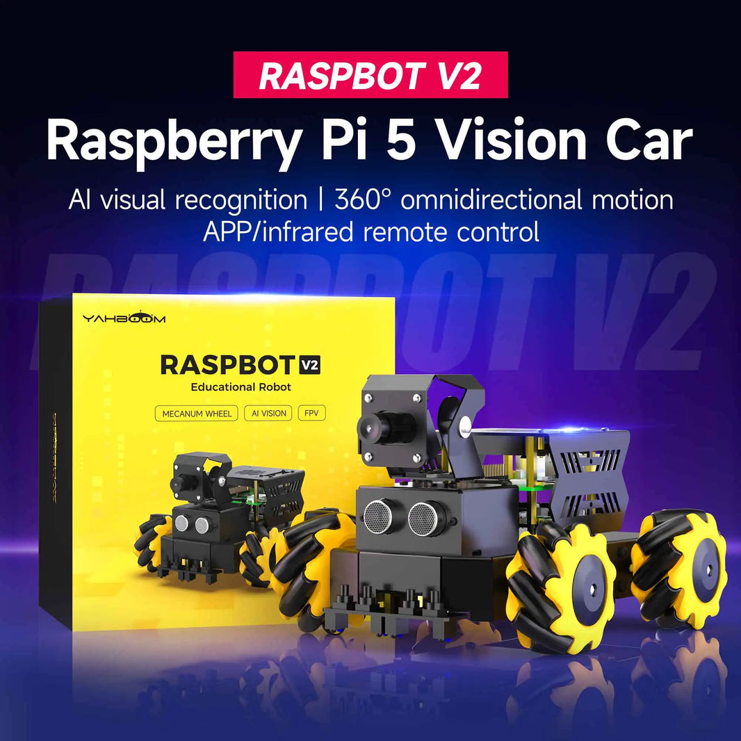 Yahboom Raspbot V2 AI Vision Robot Car Kit, Mecanum Wheel, Camera, Educational DIY Python Programming for Raspberry Pi 5