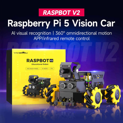 Yahboom Raspbot V2 AI Vision Robot Car Kit, Mecanum Wheel, Camera, Educational DIY Python Programming for Raspberry Pi 5