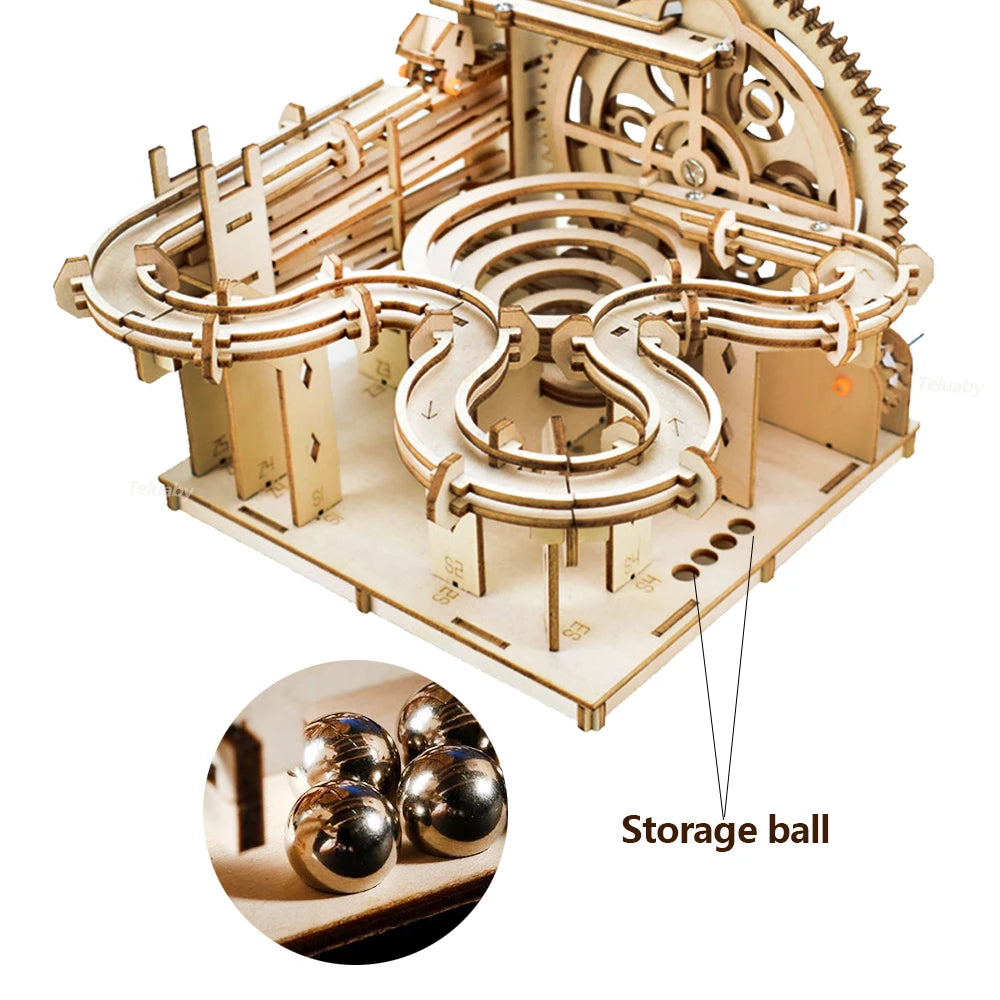 3D Wooden Puzzle DIY Mechanical Model, Manual Assembly Building Kit, Marble Run Set with 4 Balls, Toy for Adults & Kids Gifts
