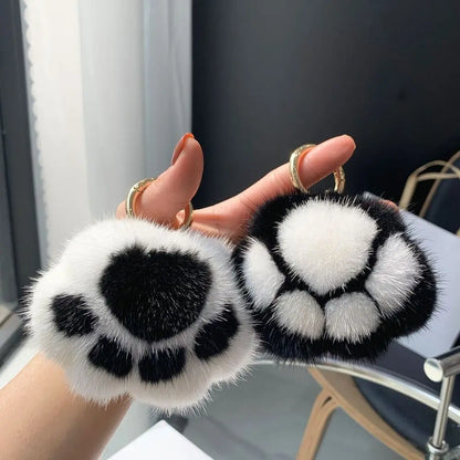Fluffy Faux Fur Cat Paw Keychain, Plush Pendant for Backpack or Car