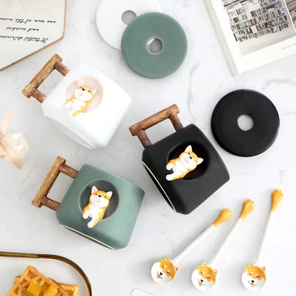 420ml (14.2 fl oz) 3D Shiba Inu Ceramic Mug with Lid & Spoon — Cute Cartoon Coffee & Milk Tea Cup, Gift for Girls