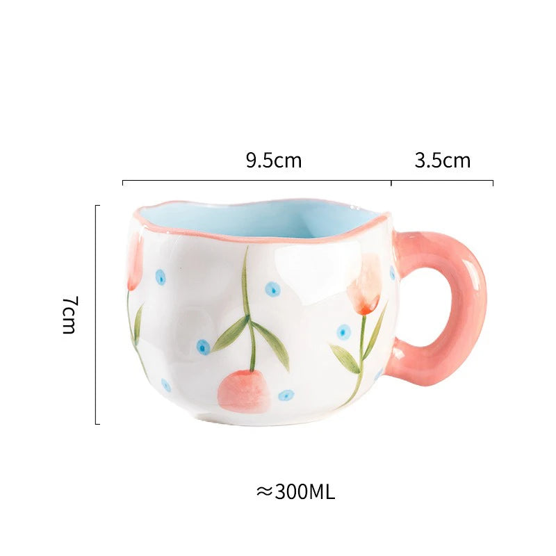 Hand-Pinched Irregular Porcelain Mug 300 ml (10 fl oz) – Flower & Heart Pattern Coffee & Tea Cup, Cute Gift for Kids & Girls