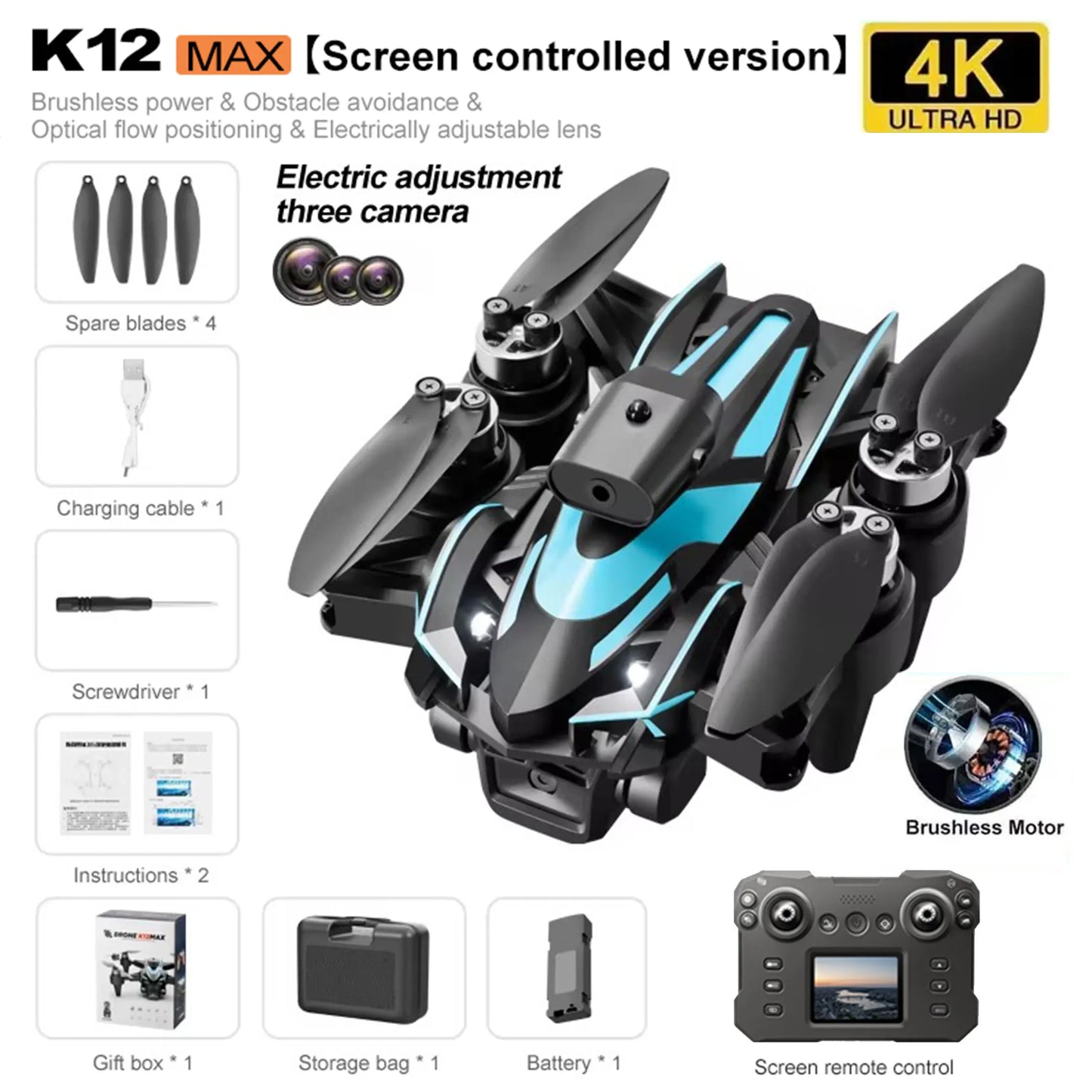 K12 Max RC Drone – 8K HD Camera Foldable Quadcopter with Brushless Motor and Obstacle Avoidance