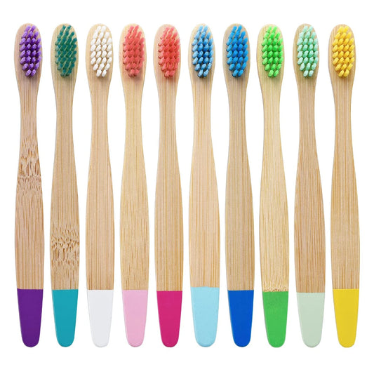 Children's Bamboo Toothbrushes, 10Pcs Soft Bristles, Eco-Friendly Biodegradable Wooden Handle, Teeth Whitening Brush