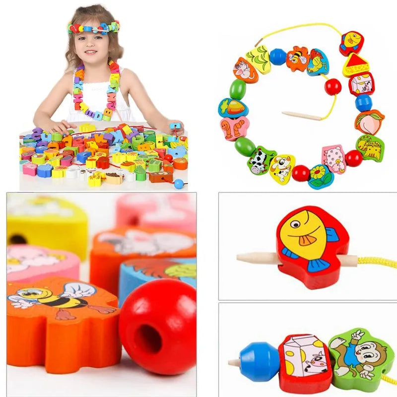 Montessori Baby DIY Wooden Toy – Cartoon Fruit and Animal Stringing with Threading Wooden Beads, Educational Toy for Kids Christmas Gift