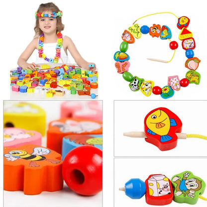 Montessori Baby DIY Wooden Toy – Cartoon Fruit and Animal Stringing with Threading Wooden Beads, Educational Toy for Kids Christmas Gift