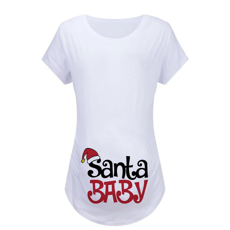 Christmas Women's Maternity T-shirt Santa Baby Printed Pregnant Women T-shirt Pregnancy Casual Short Sleeve White Clothes