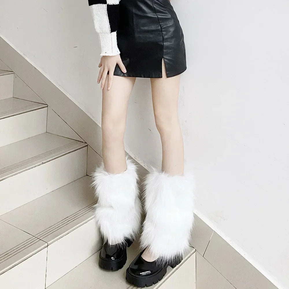 Japanese White Faux Fur Leg Warmers - Boot Covers | Y2K Goth Solid Leg Socks | Punk JK Knee-Length Hiphop Hotgirl Fashion Warm Socks