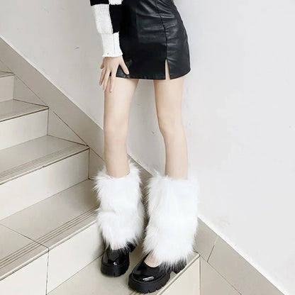 Japanese White Faux Fur Leg Warmers - Boot Covers | Y2K Goth Solid Leg Socks | Punk JK Knee-Length Hiphop Hotgirl Fashion Warm Socks