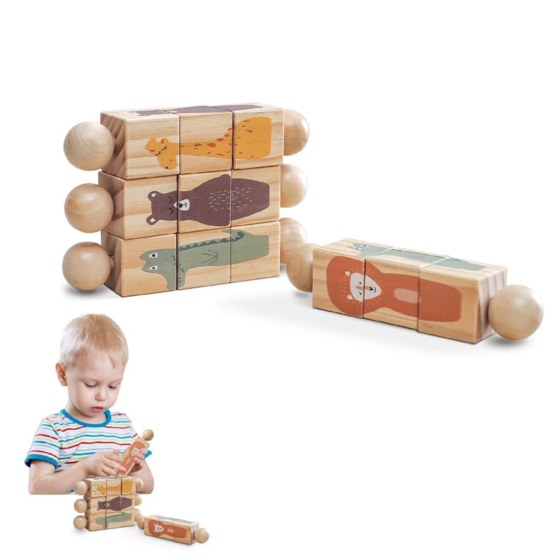 1PC Baby Wooden Montessori Toy – Cartoon Animal Crocodile & Bear Rotate Block Rattle, Food-Grade Wooden Teether Puzzle Game