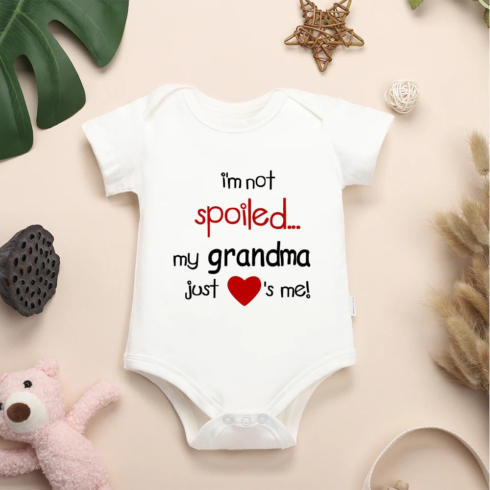White Summer Baby Cotton Romper – “I’m Not Spoiled, My Grandma Just Loves Me!” Print, Newborn Onesie