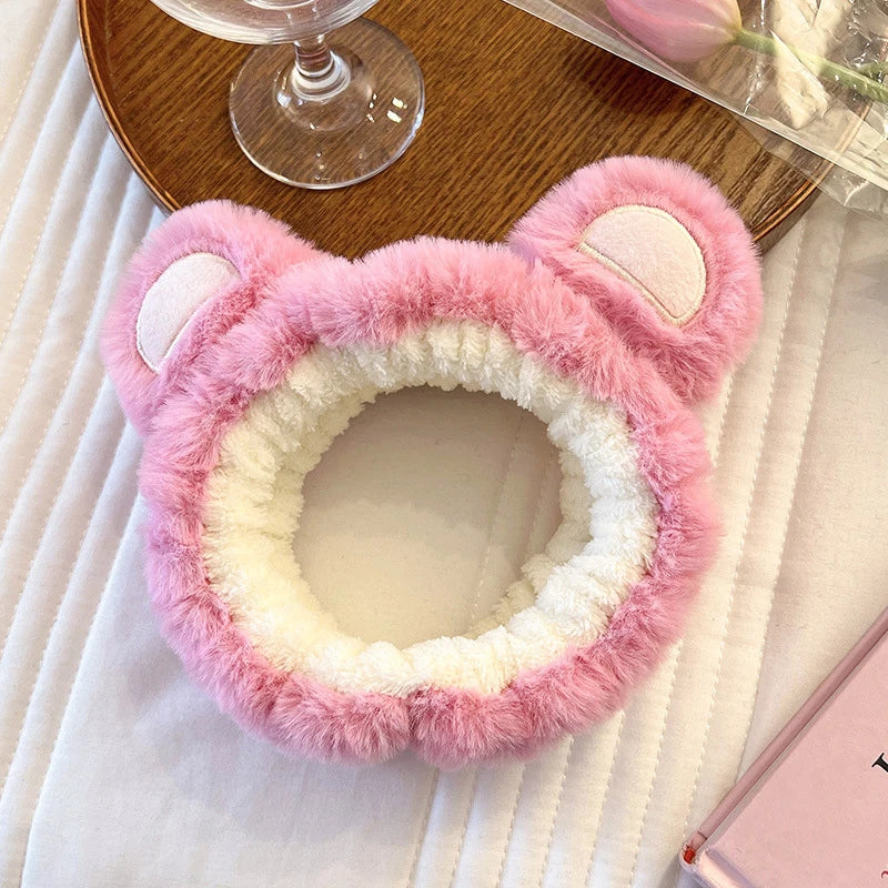 Strawberry Bear Plush Ear Face Wash Headband - Cute Cartoon Non-Slip Hairband for Women, Soft Cashmere