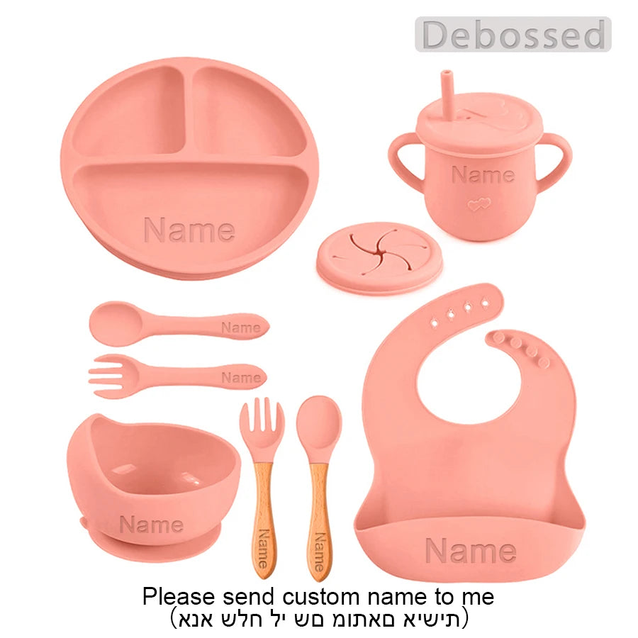 Personalized Cartoon Baby Plate – Silicone Tableware with Sucker Bowl, Food Tray, Sippy Cup, and Spoon – Baby Feeding Accessories